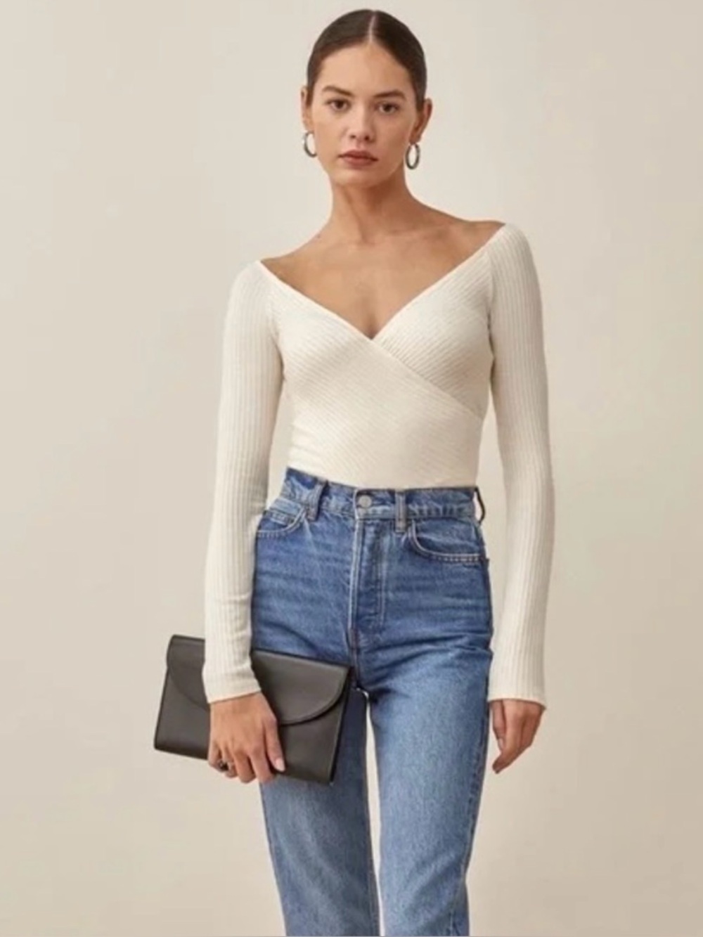 Reformation Ivory Ribbed Wrap Long Sleeve Top